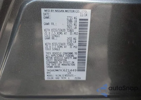 2015 Nissan Pathfinder Platinum from USA, damaged, VIN 5N1AR2MM7FC621449